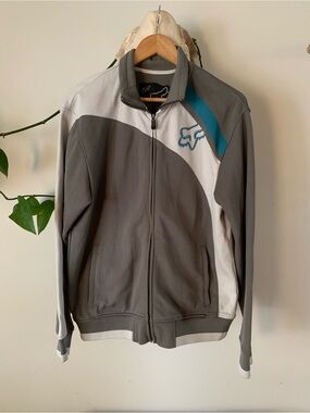 Fox Men's Gray, White & Teal Zip-Up Sweater Jacket